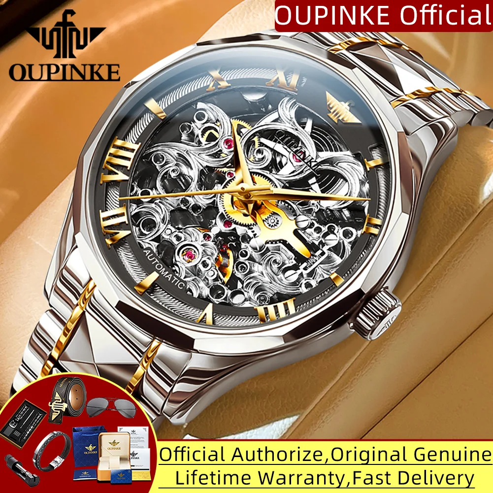 

OUPINKE 3168 Автоматические часы для мужчин, ремешок из вольфрамовой стали, сапфировое зеркало, 50 м, водонепроницаемые, полый дизайн, мужские часы высокого качества