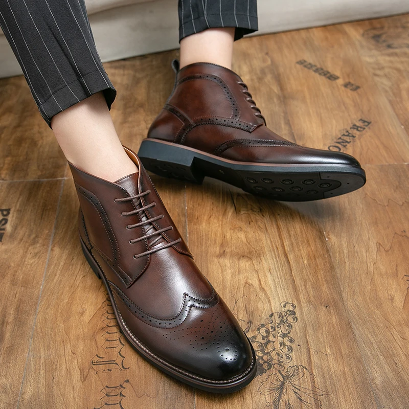 Men High Top Lace-up Brogue Style Business Fashion Handmade Ankle Boots