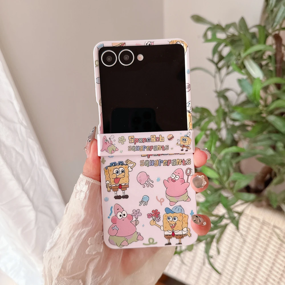 Phone Case For Samsung Galaxy Z Flip 7 6 5 Hard TPU Cover For Z Flip 4 3 Cute Cartoon SpongeBob SquarePants With Lanyard
