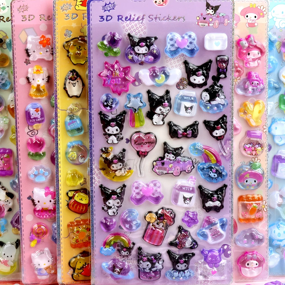 Naklejki 3D Sanrio Cartoon Anime, urocze naklejki z Cinnamoroll, Melody, Kuromi, żelowe kryształowe naklejki DIY, dekoracje na telefon, zabawki dla dzieci.