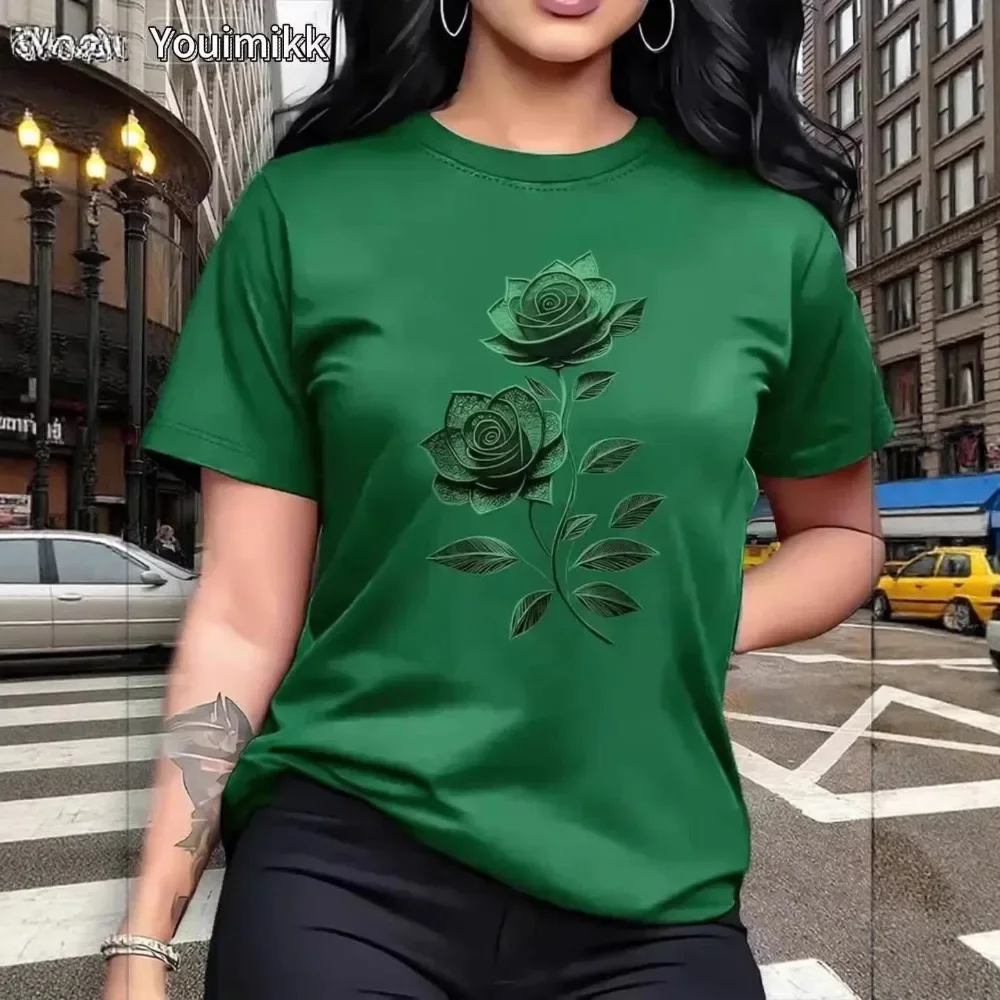 Women Vintage Rose Print T-Shirt 100% Cotton Loose Fit Versatile Casual Daily Streetwear Tee