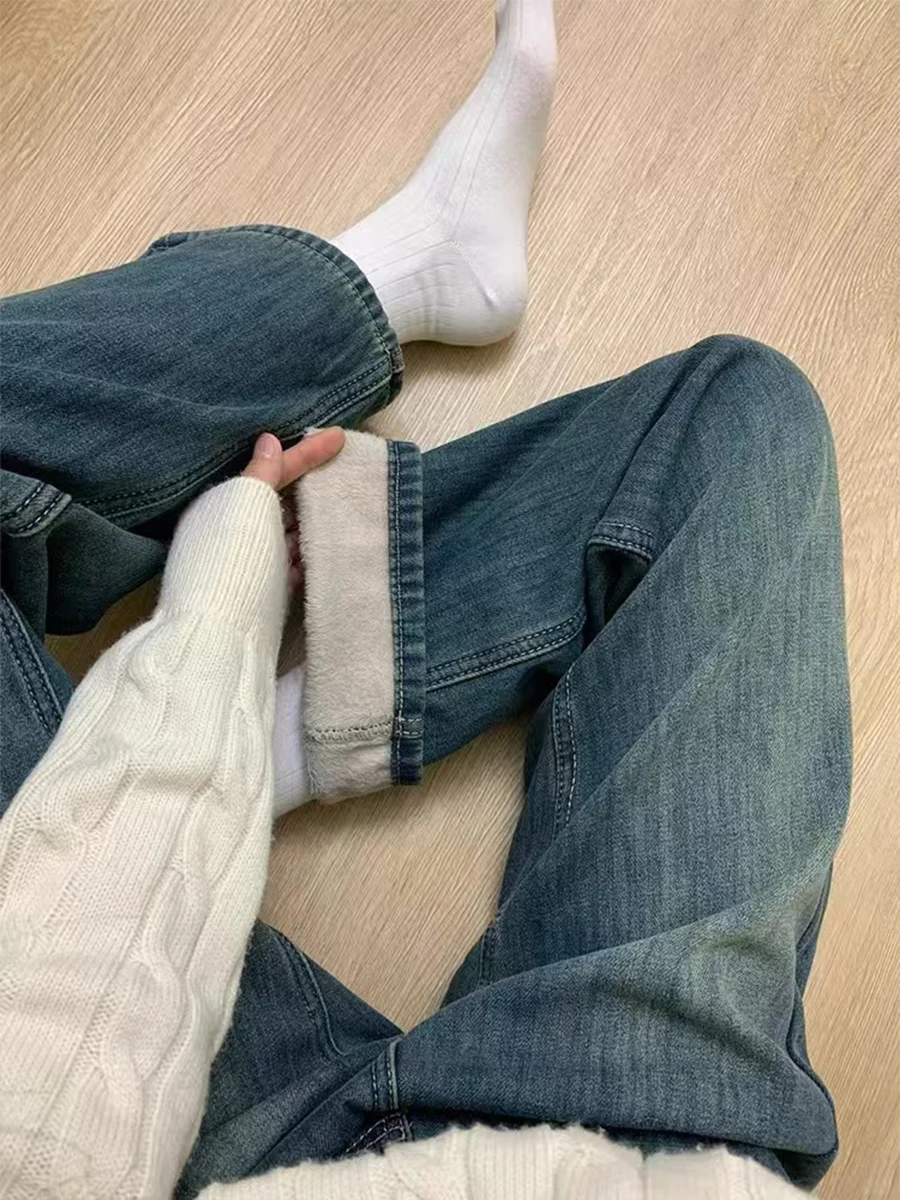 

plus Size Fce Lined Thi Denim Pants Women Winter Pear ape Body Loose High Waist Slimming Straight Leg Wide Leg Jeans