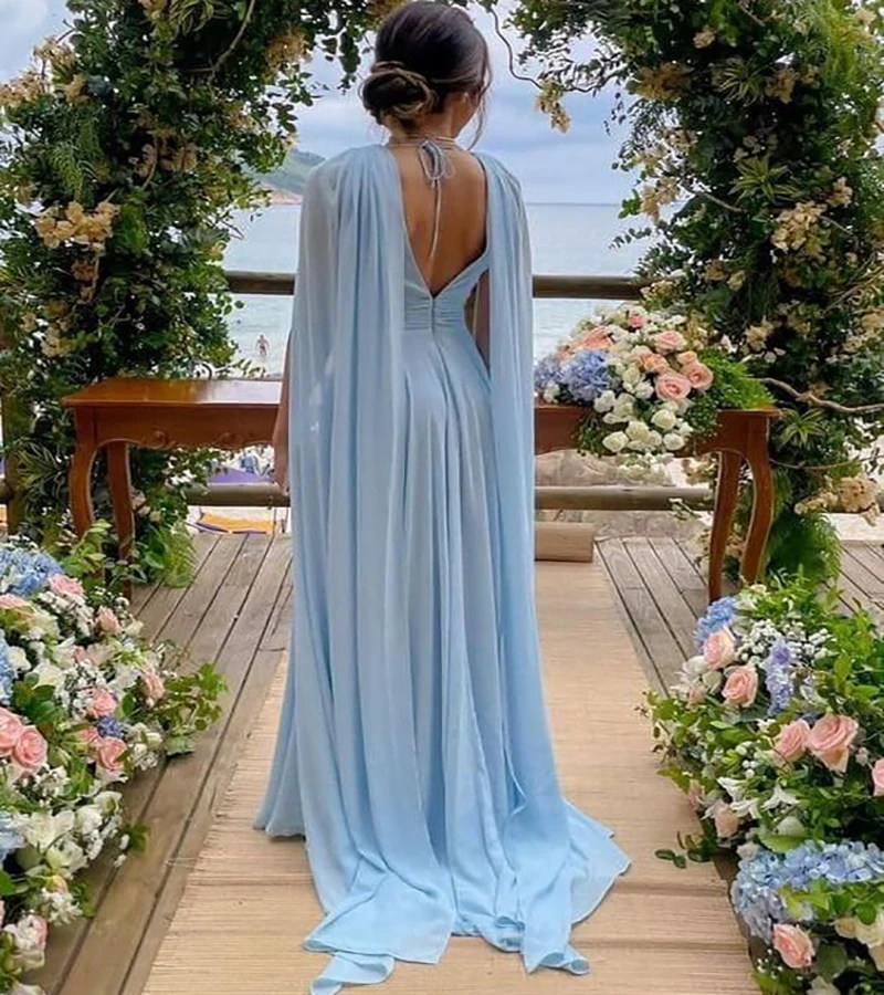 Elegant Blauw Dubai Avondjurk Met Cape Mouwen Sexy Een Line Chiffon Arabisch Israël Prom Dress 2023 Backless Formele Vrouwen party