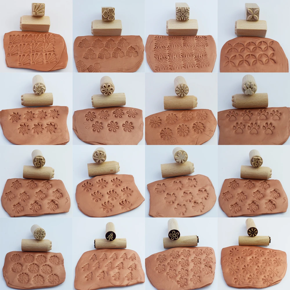 More Pattern Stamps for Clay Cute Flower Leaf Animal Texture Emboss Seal Wooden Block Pottery Stamps Ceramic Polymer Clay Tool