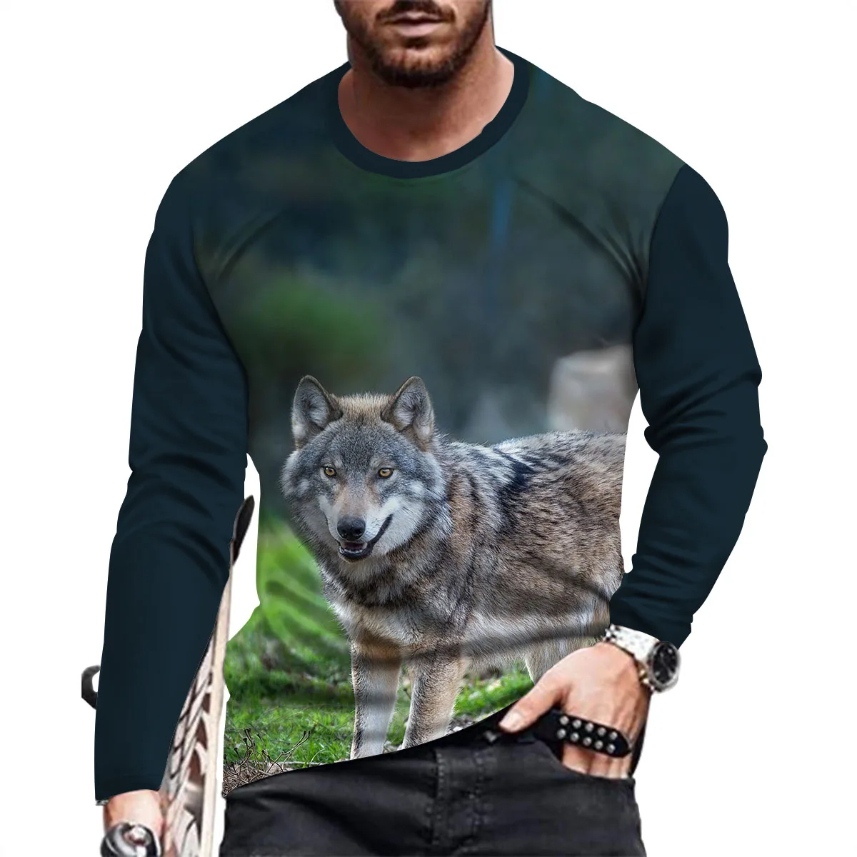 Animal Wolf Animal 3d Printed Summer Men's Crewneck T-Shirt Casual Long Sleeve Oversized Loose Fashion Pullover Trend Clothing