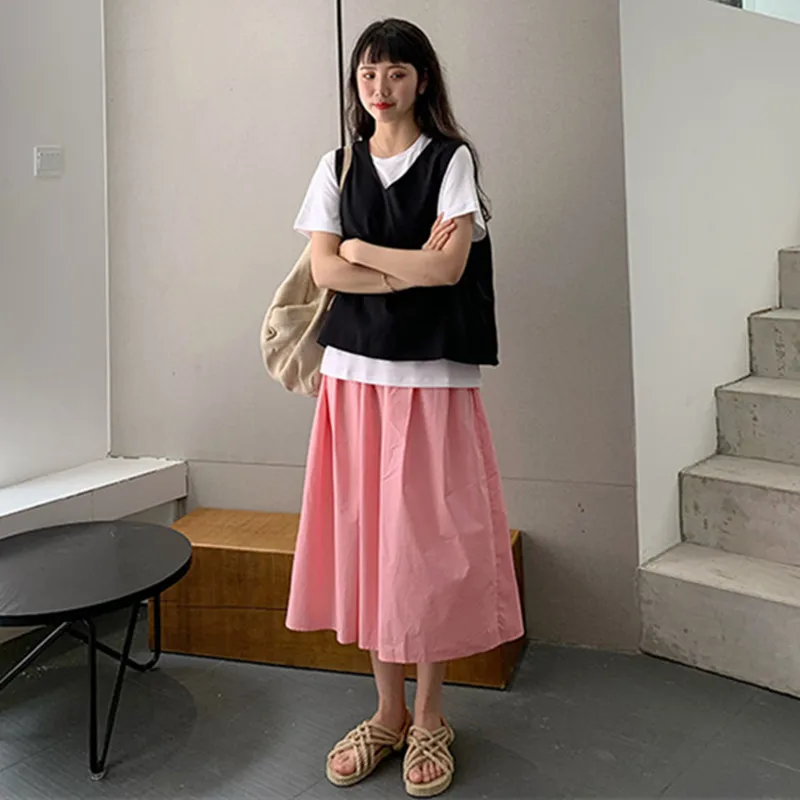 2024 Summer Cotton Skirt Women plus size Fashion Korean Pocket Aline Sun School High Waist Skirt Autunm party skirts M-7XL