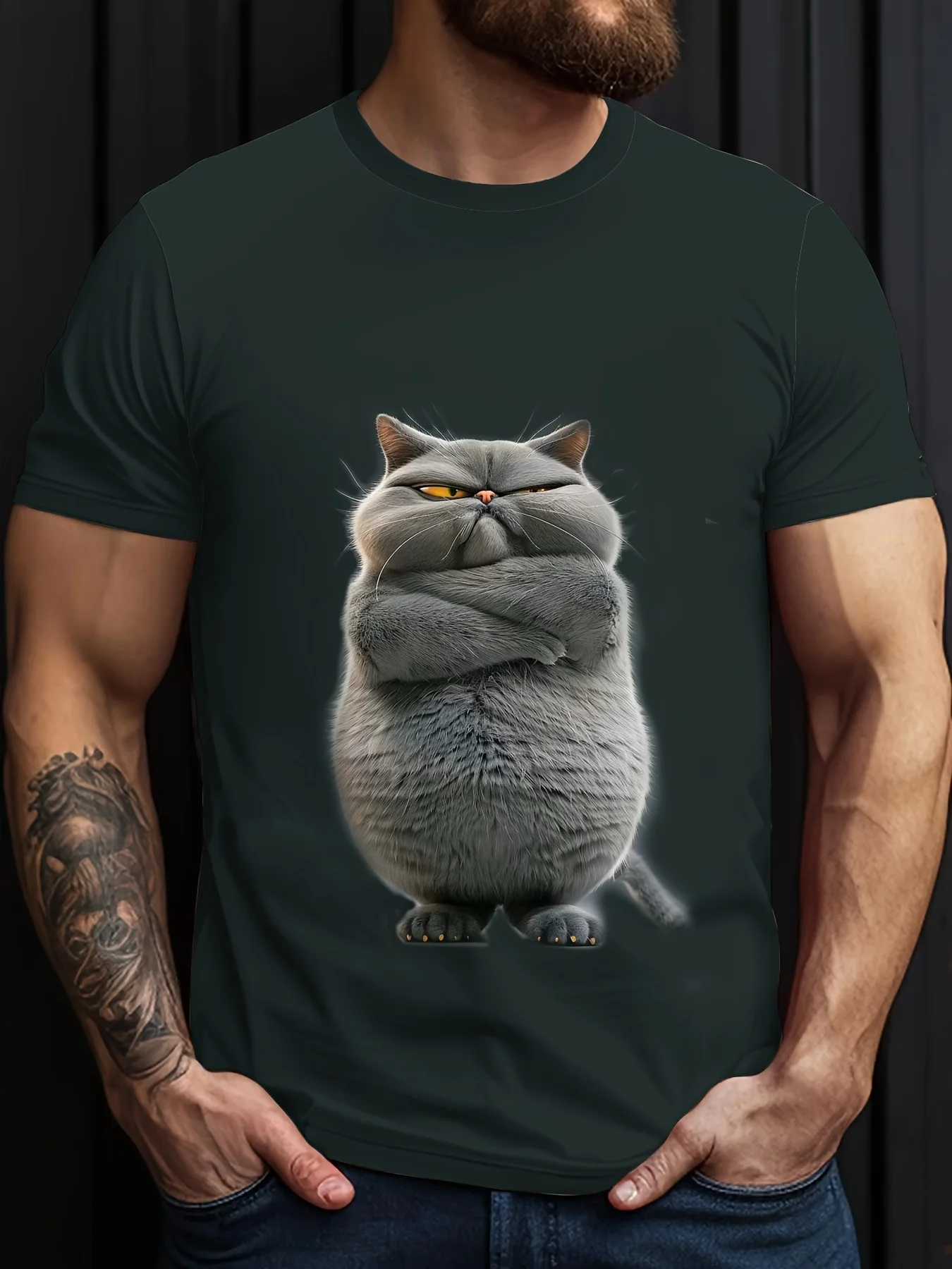 Men's Grumpy Crossed Arms British Shorthair Cat Print T-Shirt Cute Pet Animal Crew Neck Top