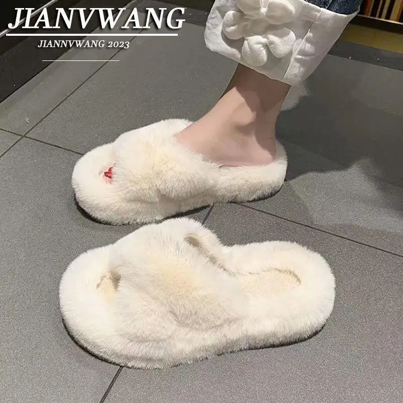 

Осень-зима Новые женские удобные хлопковые тапочки на толстой подошве с мягкой подошвой для домашнего использования с перекрестными ремнями Мягкие удобные меховые тапочки