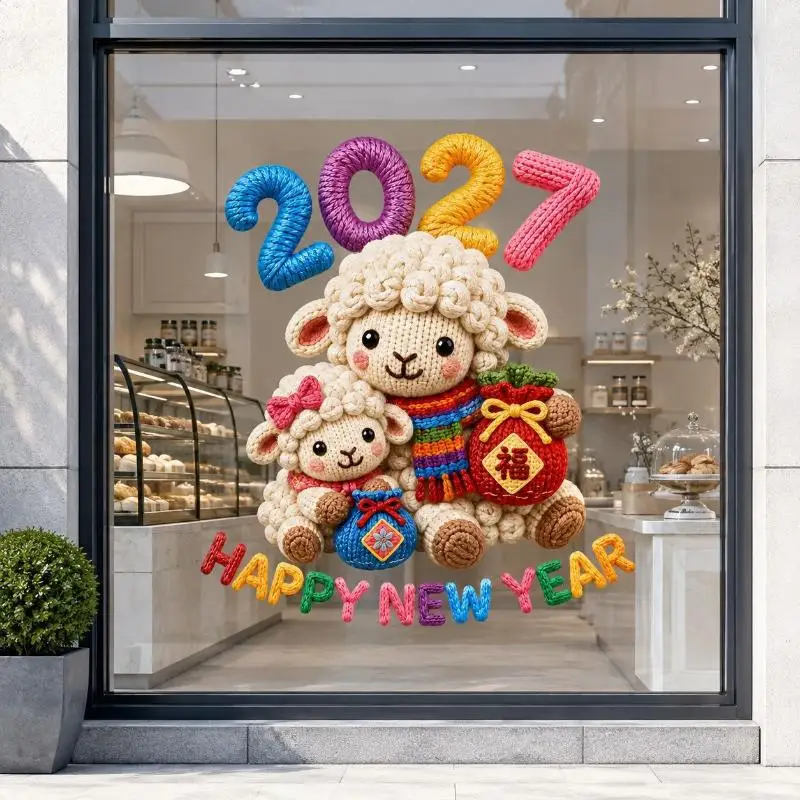 2027 Knit Sheep Window Sticker Happy New Year Cute Lamb Christmas Window Decor Home Shop Glass Xmas Ornament