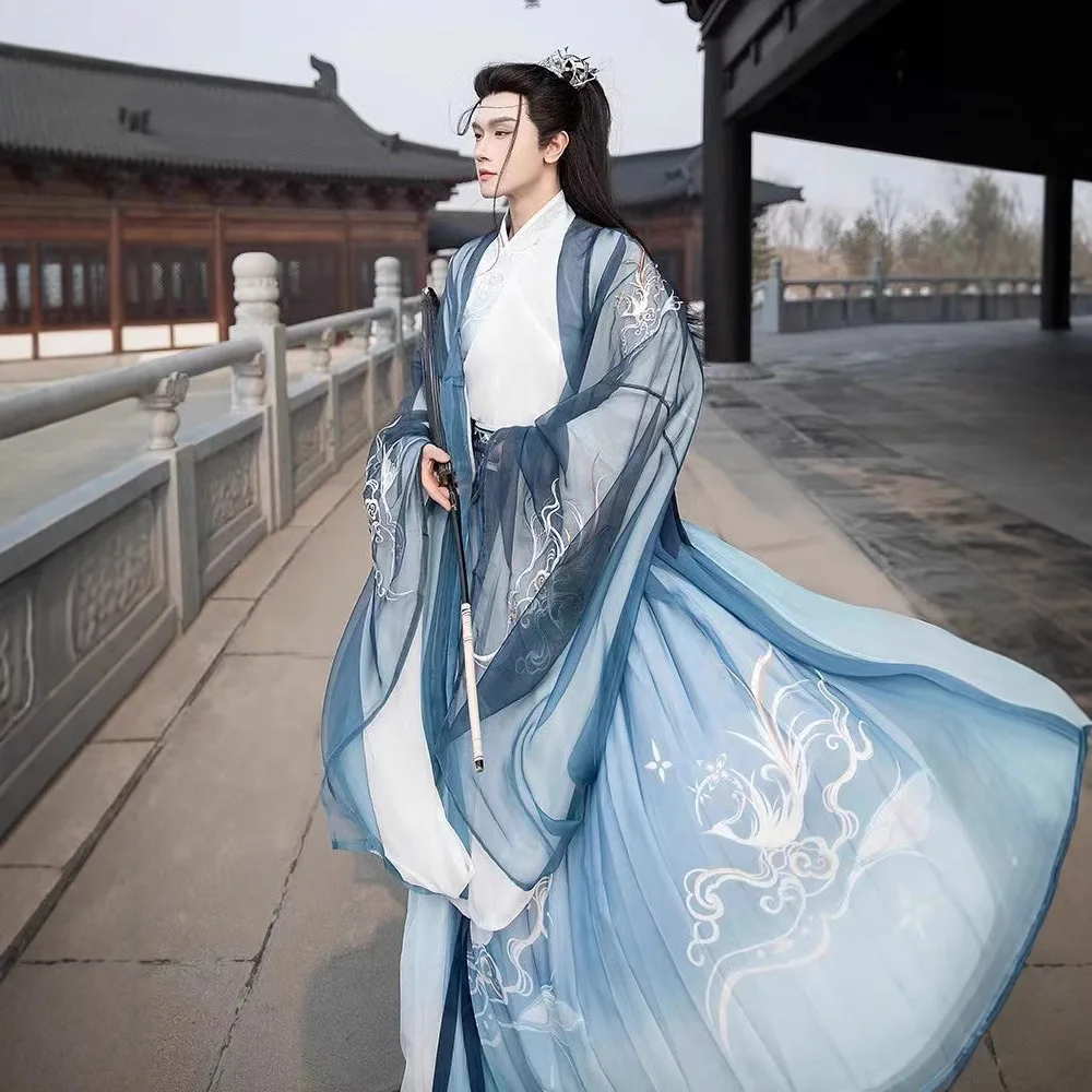 هان الملابس الصينية للرجال Chivalrous نمط زي مطرز قميص كبير الأكمام الخصر وفستان وي صيف جديد