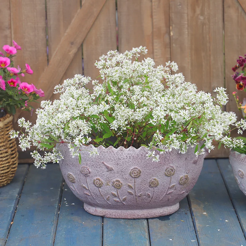 Embossed Rose Vintage Handmade Terracotta Basin Flower Pot with Wavy Edge