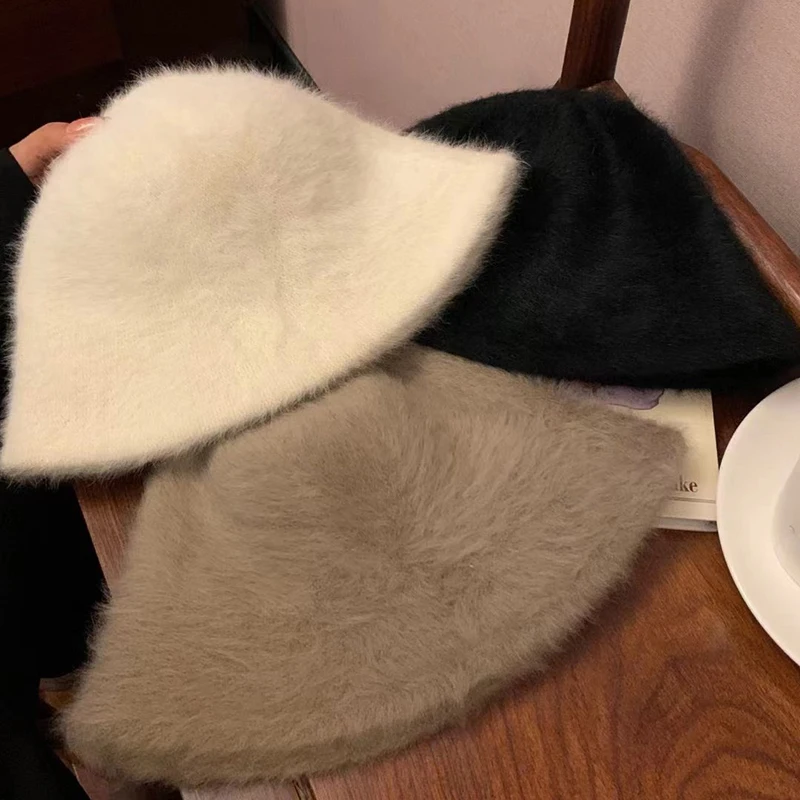 Rabbit Hair Fisherman Hat For Women Autumn-winter Basin Hat Head Round Plush Senior Sense Face Small White Bucket Hat For Women