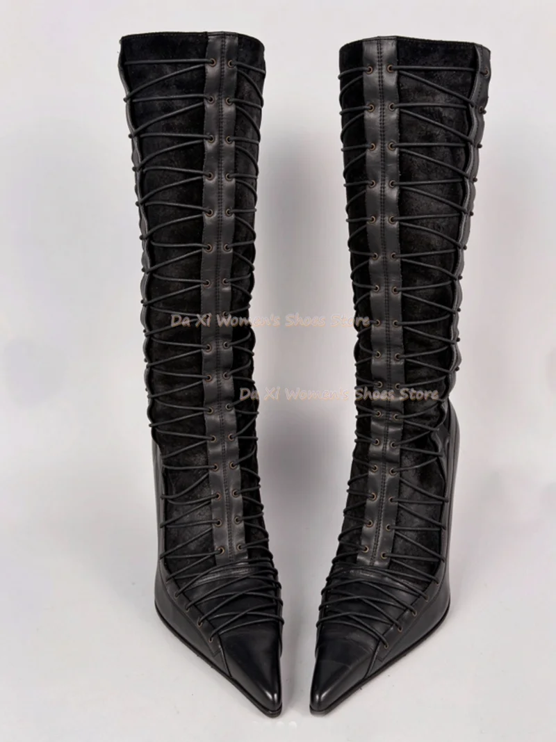 Pointed Tip Instep Multiple Thin-Strap Combination Decorate Stiletto Heels Knee-High Boots Winter Women's Warm Boots Fashion