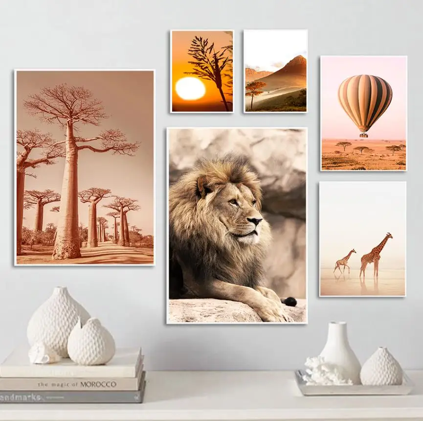 Lion Giraffe Elephant Animal Poster Sunrise Wheat Tree Cliff Hot Air Balloon Canvas Print Painting Nature Landscape Wall Pict
