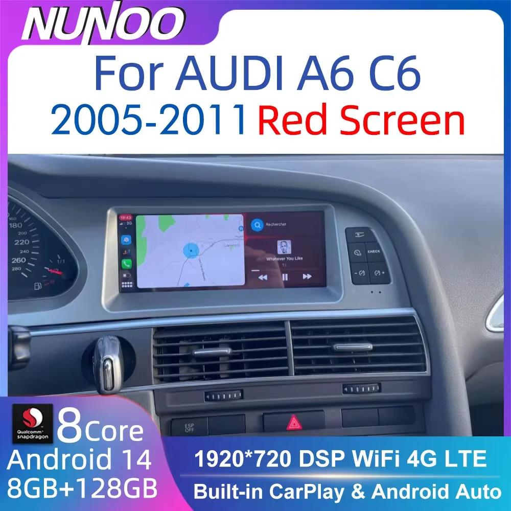 Nunoo Android 14 Car Radio Player ，Audi A4 A5 A6 Q7 MMI 2G Basic Red Screen CarPlay GPS Navigation Multimedia Stereo WiFi