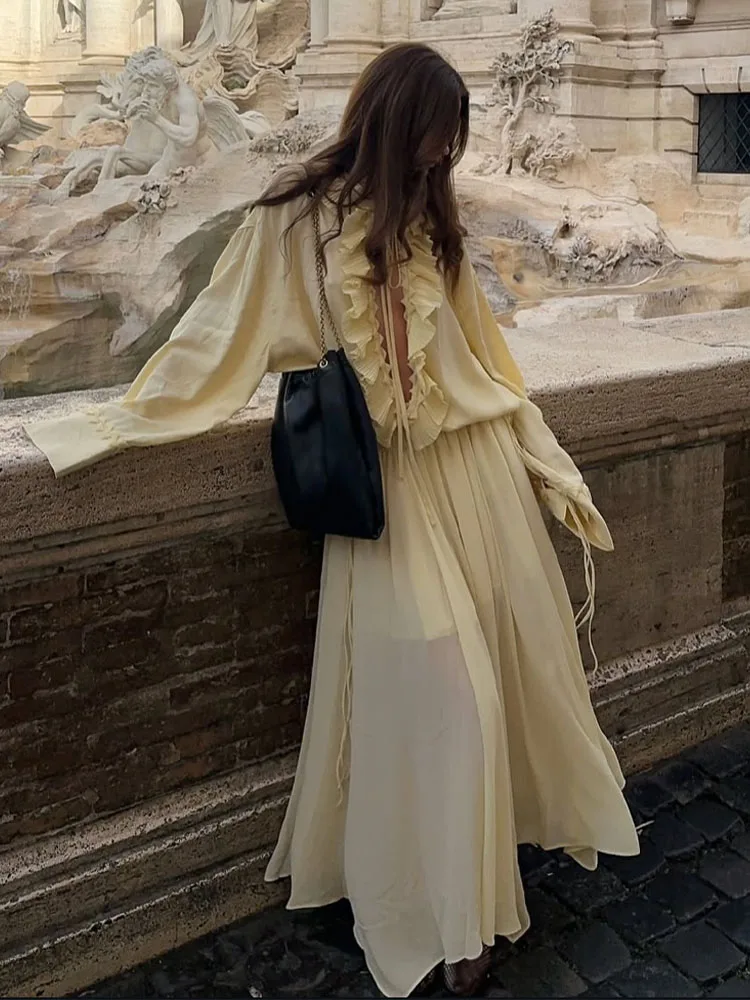 TRAFZA หญิง Elegant ชุดสีเหลืองอ่อน V คอยาวแขนฉัตรตกแต่ง LACE-Up เสื้อ + เอวสูงกระโปรงยาวผู้หญิงชุด