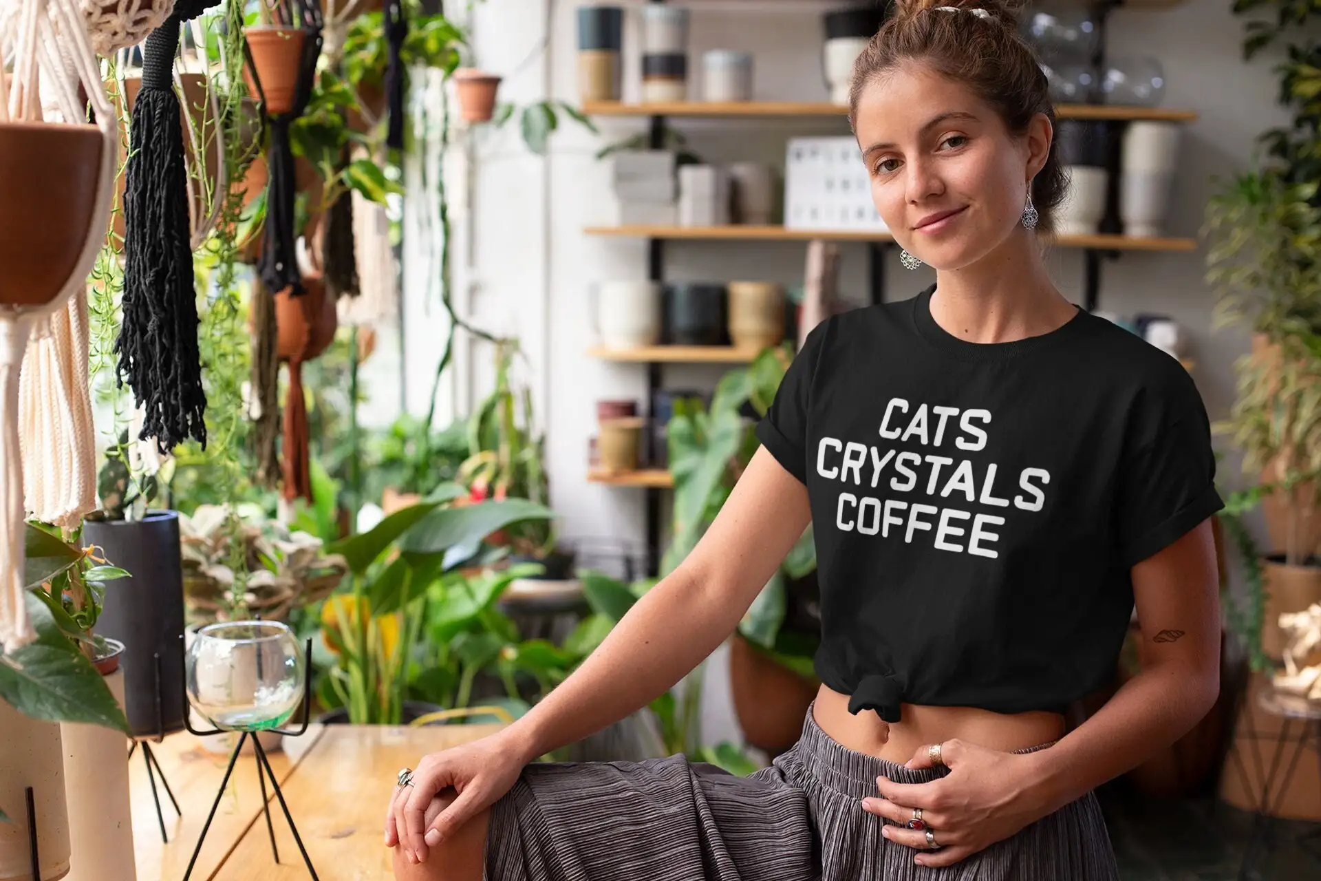 Cats Crystals Coffee t shirt unisex graphic loose fit tee trending Xmas gift birthday present fun cat lovers caffeine