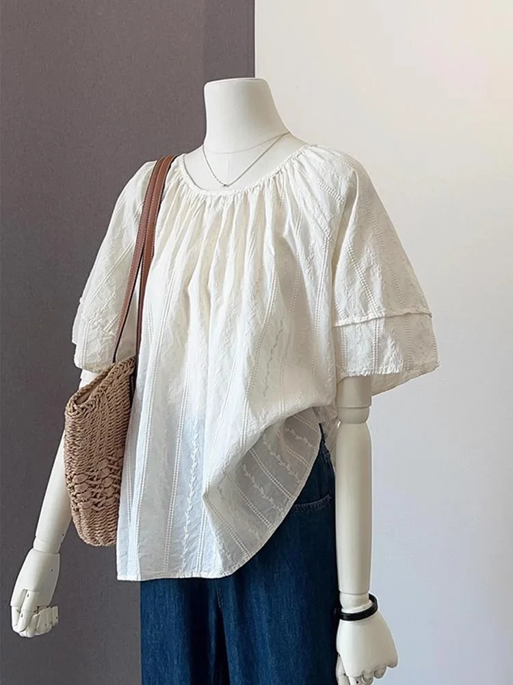 

plus Size Women's Lace ort Sve irt Loose Fit Sli Slimming Summer Faion Korean Sle Embroidered round Ne Top