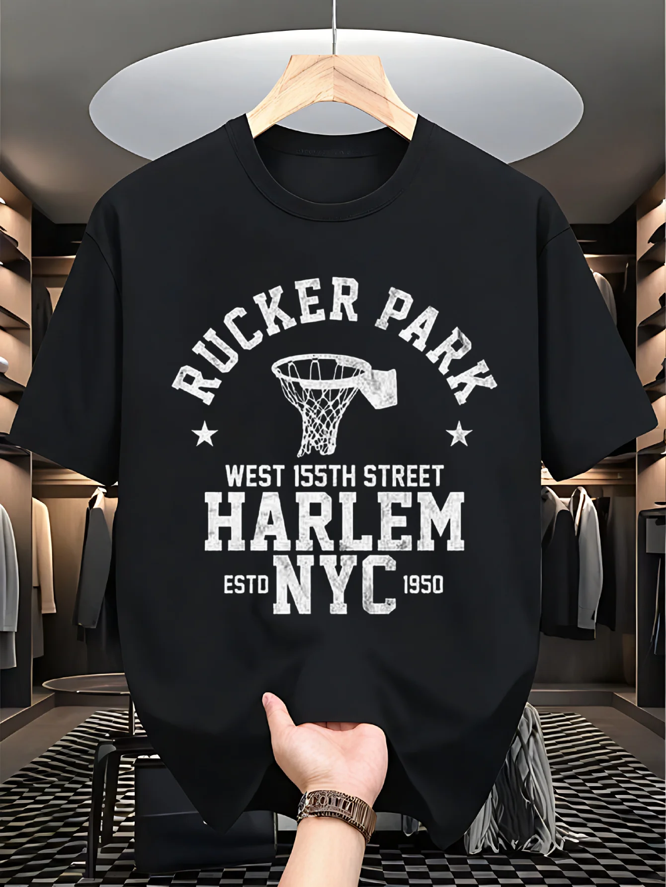 

Мужская винтажная футболка с рисунком NYC Streetball 2025 года — черная хлопковая футболка с круглым вырезом с принтом Rucker Park Basketball Hoop & Harlem NYC