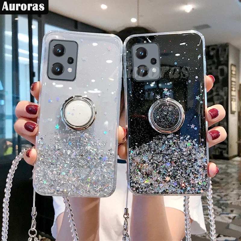 Auroras Glitter Bling Sequins For Oneplus Nord CE 2 Lite 5G Case Starry Sky Stars Moon With Ring Oneplus Nord CE2 Lite 5G Cover