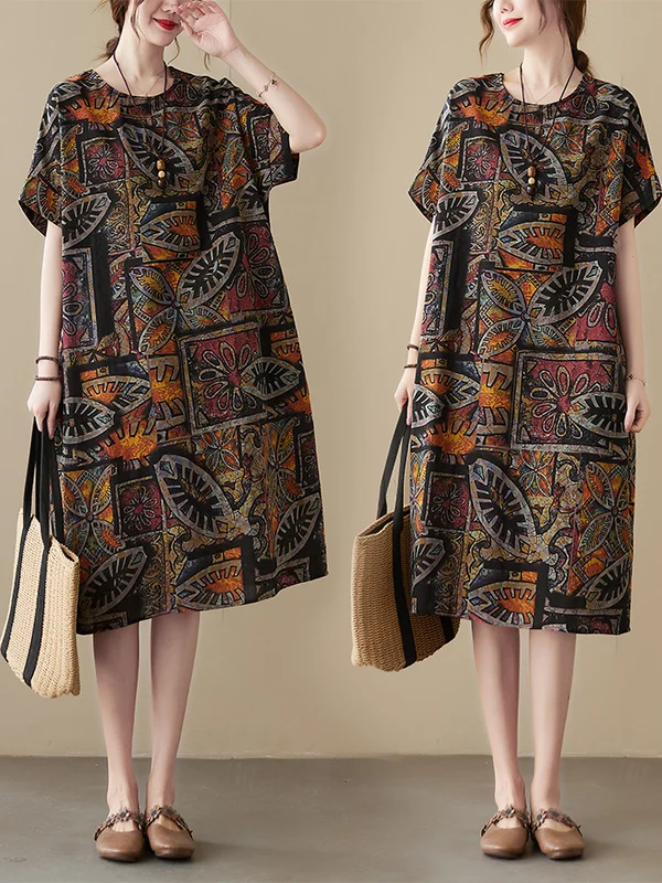

Elegant Vintage plus Size Cotton Linen Blend Loose Short Sleeve Knee-Length Dress for Women in Summer Age-Defying Fashionable