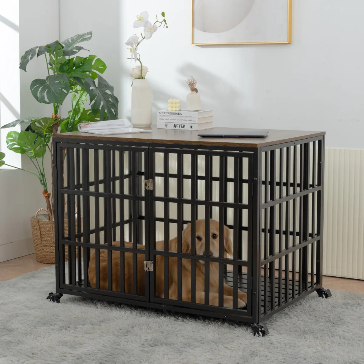 

42" Heavy Duty Dog Crate for Large & Medium Dogs, Furniture Style with 4 Lockable Wheels & 2 Locks, Indoor Kennel.