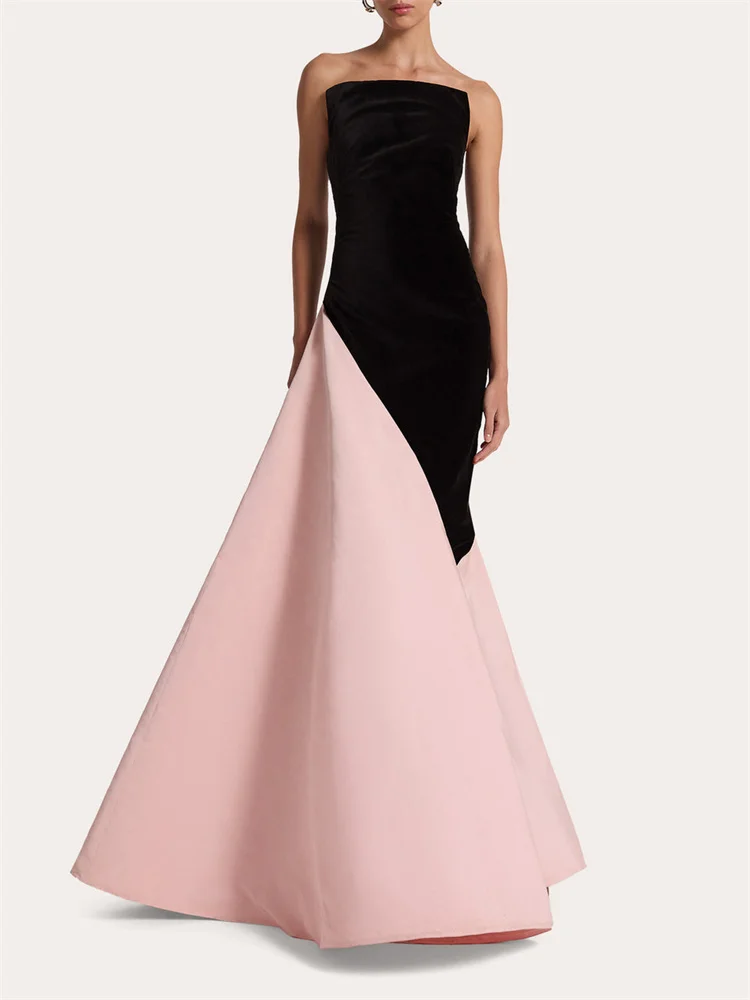 New Arrival Strapless Neckline Satin Mermaid Evening Dress Back Zipper Floor Length Asymmetric Flare Hem Gown For Women 2024