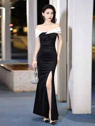 French Evening Dress Women's New High-end Black Light Luxury Niche Birthday Party Graduation Word Shoulder Fishtail Prom Dress