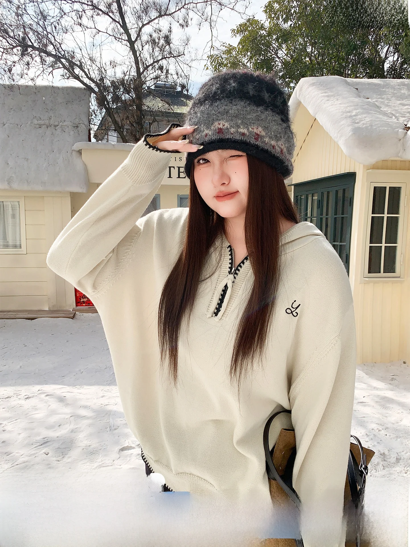 

YUZI Fishbone Knitted Hoodie Zipper Semi-unbuttoned Color Block Gentle Loose plus Size Women's Clothing Polyester Fiber