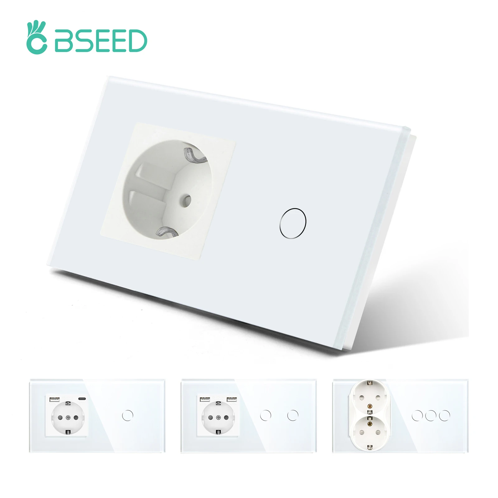 BSEED Wall Electrical Socket With 1/2/3Gang 1Way Touch Light Switch USB Type-c Charge Power Outlet Glass Panel White Wall Switch