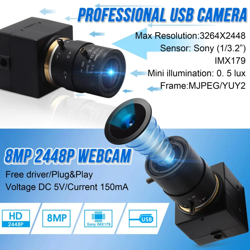 ELP Webcam 8MP 3264X2448 IMX179 Sensor USB Webcam 5-50mm Varifocal CS Mount lens Industrial Surveillance Video USB Camera