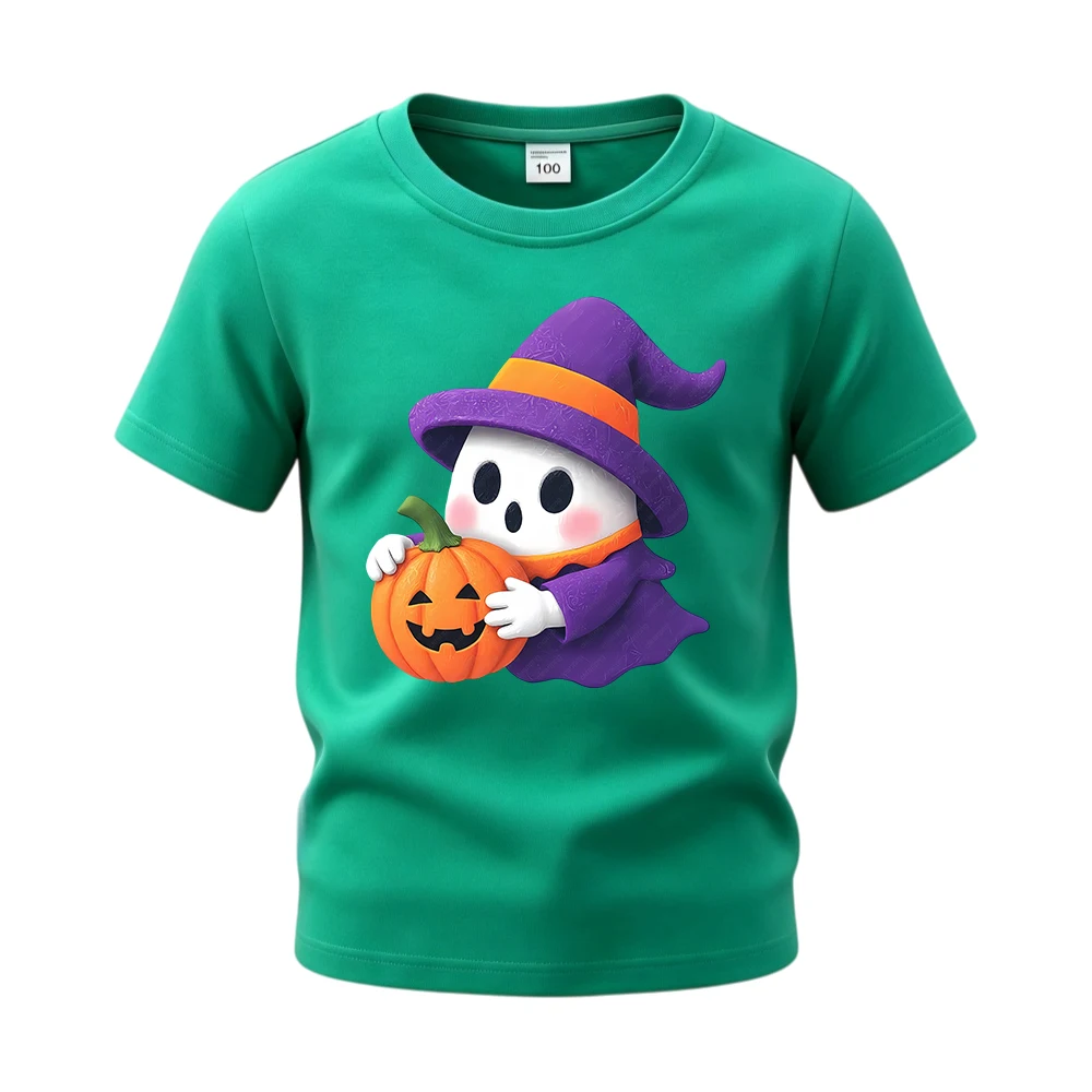 Cute Ghost Witch Children Daily Basic Cotton Shirts Short Sleeve Halloween T‑Shirt Tops Tees Outfit for Boys Girls Kids