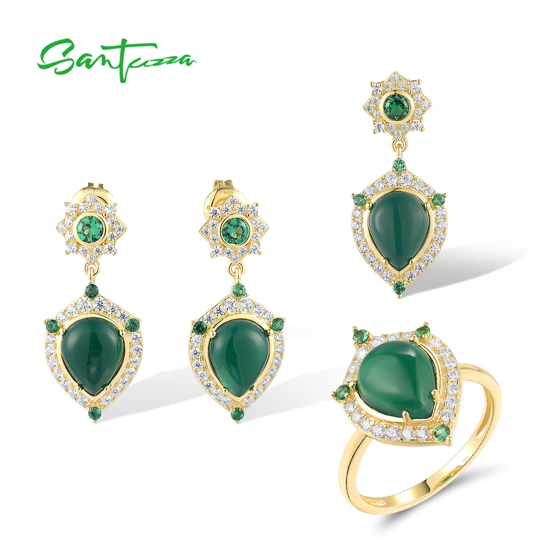 

SANTUZZA Real 925 Sterling Silver For Women Dyed Green Agate Pendant Earrings Ring Vintage Trendy Fine Jewelry Set