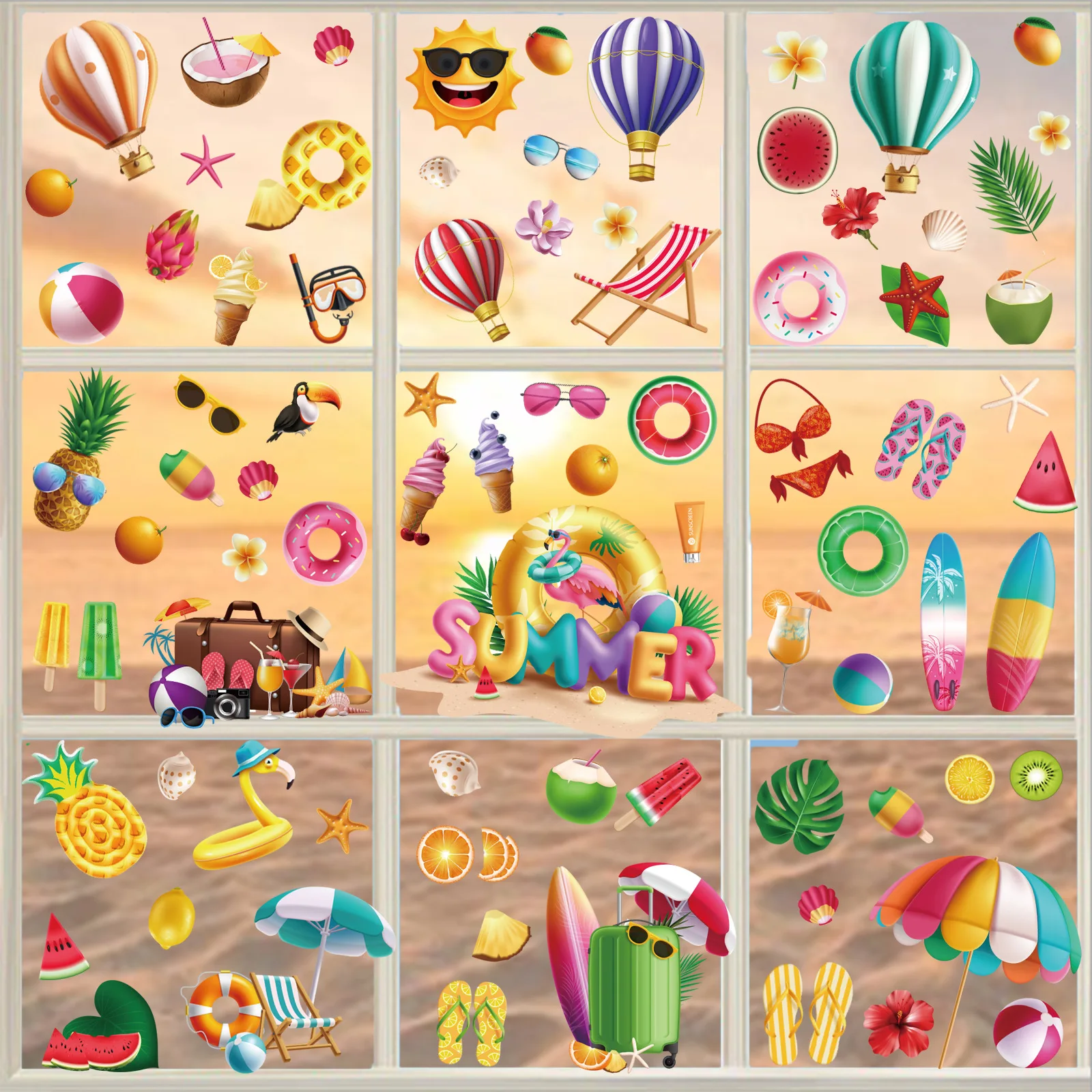 Hawaii Theme Summer Static Window Stickers, Fruit Beach Coconut Tree Bikini Window Stickers,9pcs