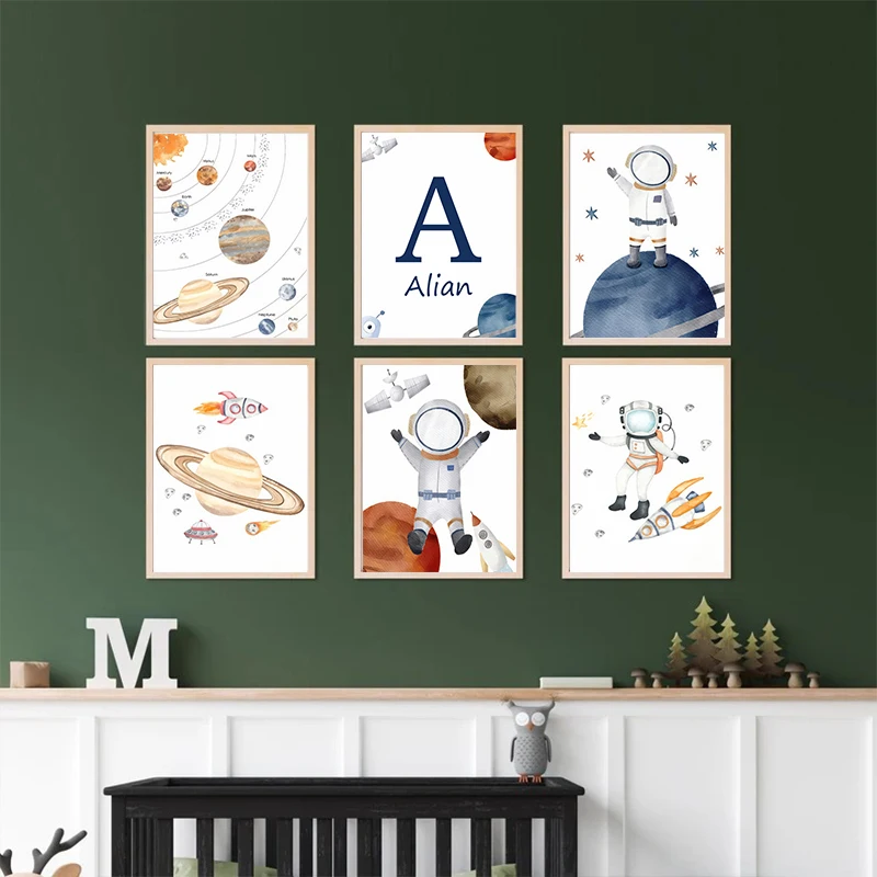 Cartoon Space Astronaut Rocket Nursery Wall Art Canvas Painting Children's Name Custom Posters For Boy Bedroom Home Decoration