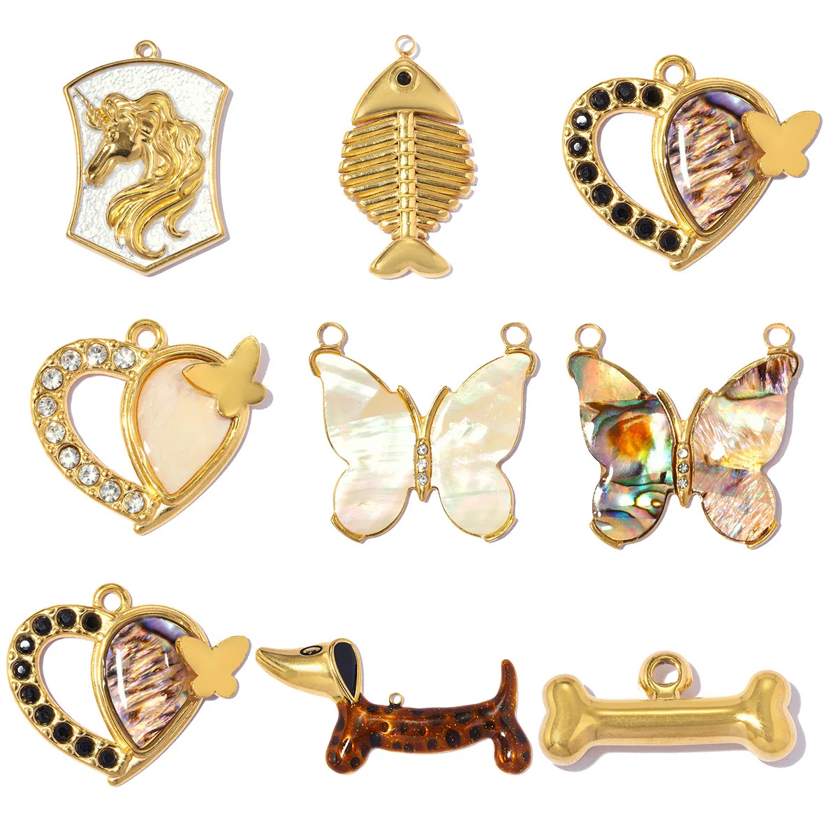 3 Stück/Set Edelstahl Dackel-Knochen DIY Anhänger Strass Einhorn Halsketten-Anhänger Damen Schmetterling Schmuck Großhandel