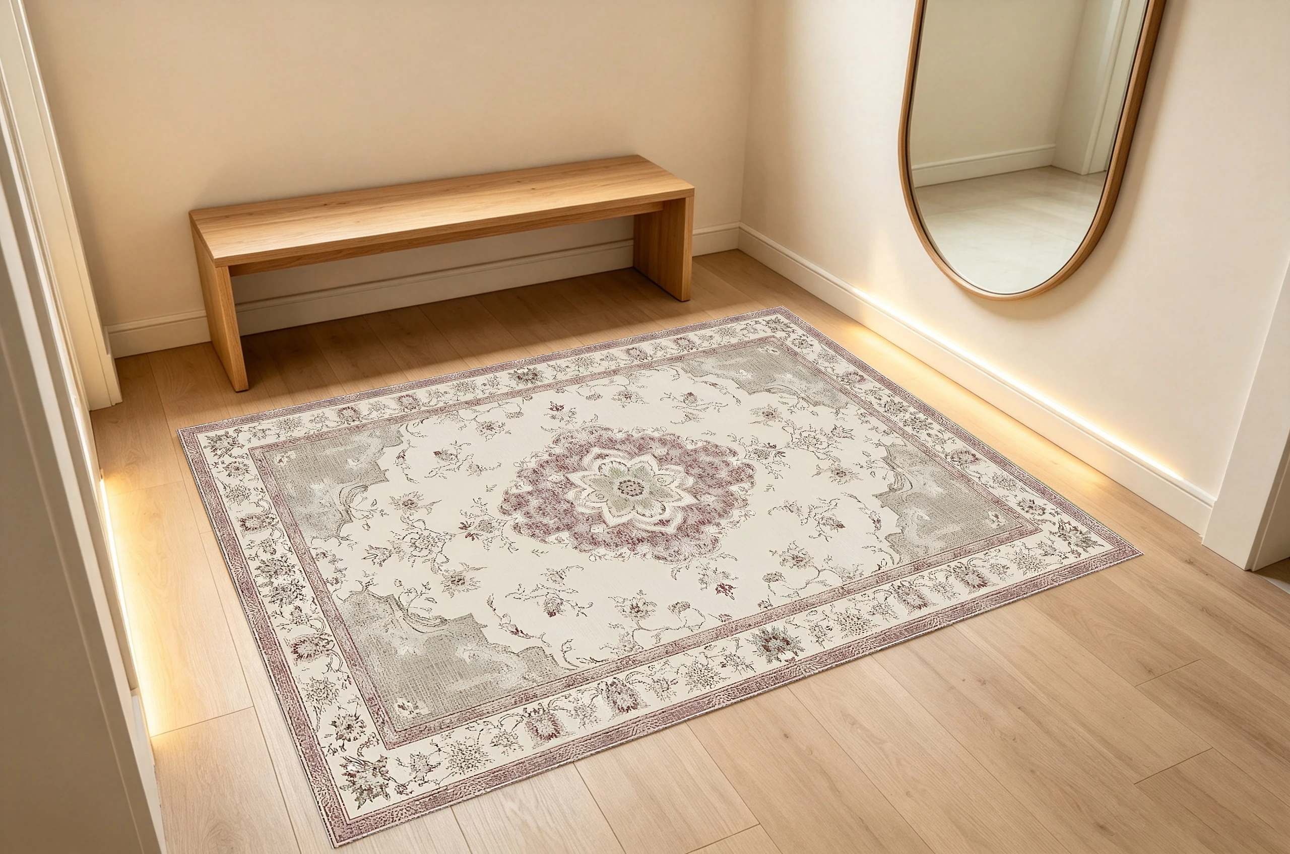 2D Large Rug in Light Pink & Beige Tones, Featuring a Retro European Pattern & French Style Soft & Comfortable, for
