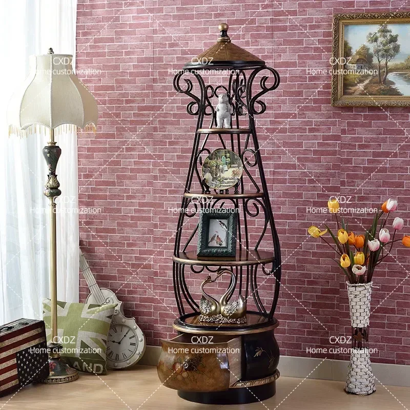 Wrought Iron Floor Storage Rack with Solid Wood Frame Multi Layer Corner Shelf for Living Room Birdcage Style Display Stand