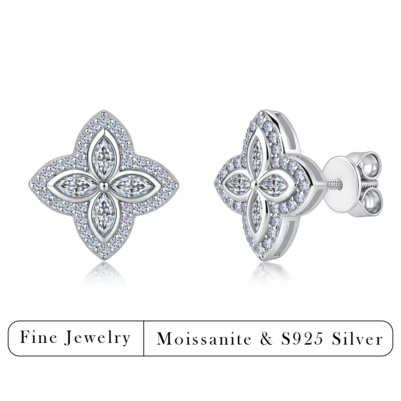0.86 CTW Four Leaf Flower Moissanite Stud Earrings S925 Sterling Silver Sparkling Diamond Earring Fine Jewelry For Women Gift