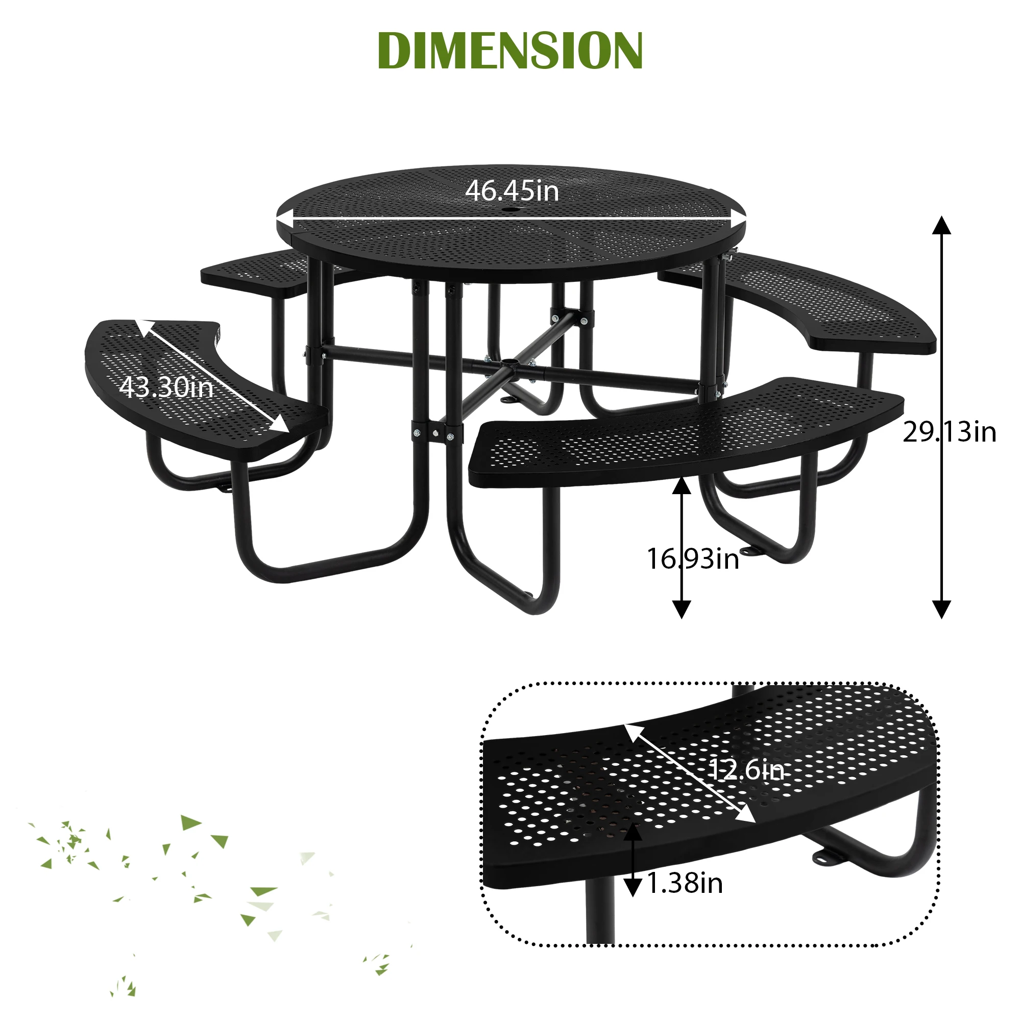 46.45 Inch Round Perforated Metal Picnic Table with 4 Integrated Curved Benches, Heavy-Duty All Weather Outdoor Patio Dining Set, Waterproof & Anti-Rust Coated Metal Picnic Table, Sturdy Durable for Backyard, Garden, Park & Campsite