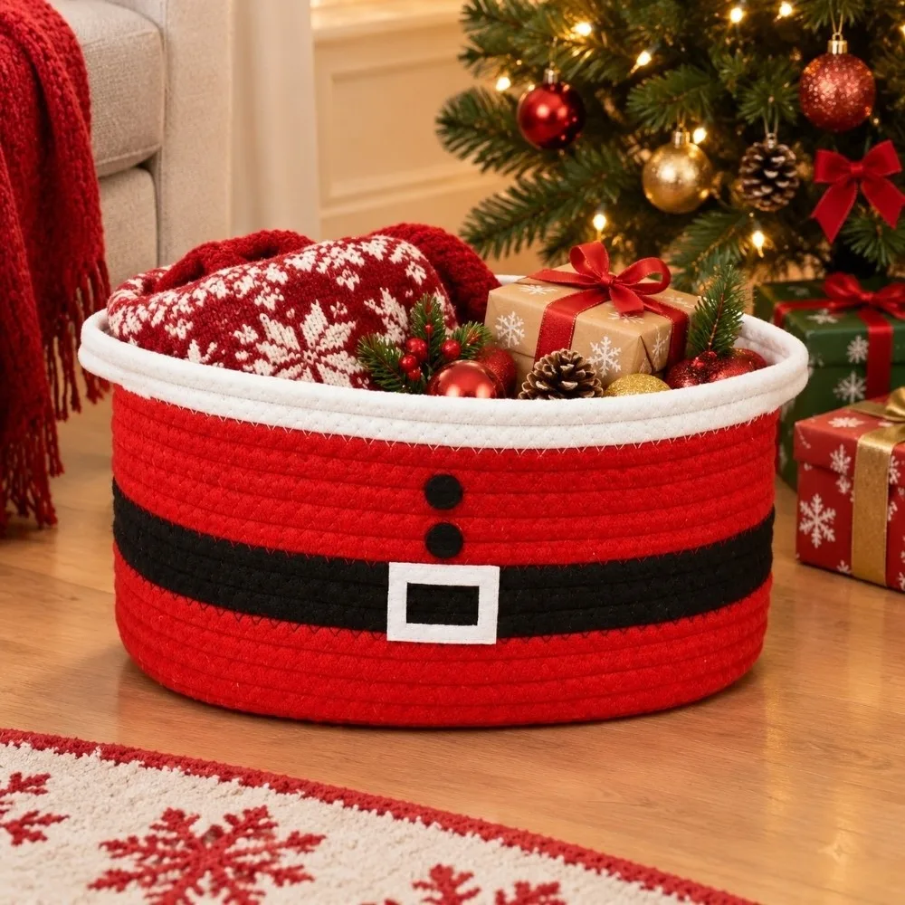 Dual Handles Christmas Woven Basket Braided Texture Eco Friendly Cotton Rope Storage Bin Soft Structure Washable Material