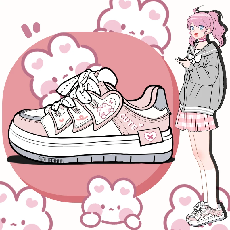 Amy and Michael Kawaii Casual Chunky Sneakers for Girls Students Lovely Pink Platform Skateboard Shoes Female Women Low Top Shoe