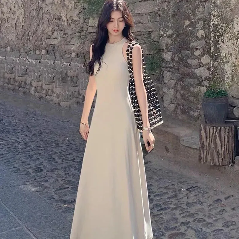 Lucyever Women Summer Sleeveless Dresses Elegant Solid Slim Fit Maxi Dress Female Korean Fashion Streetwear A-Line Long Dress