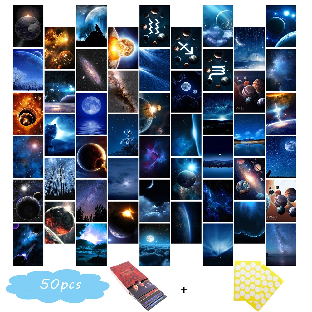 

50pcs Postcard Set Space Universe Planets Wall Art Collage Kit Indie Modern Style Aesthetic Pictures Posters Boy Room Decor