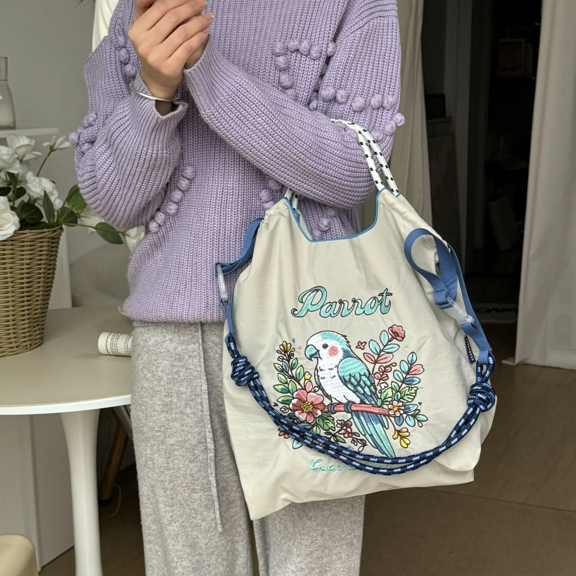 Kawaii Summer Nylon Embroidered Shopping Bag Cute Anime Cartoon Parrot Niche Fashion Large Capacity Shoulder Bag Women Gifts