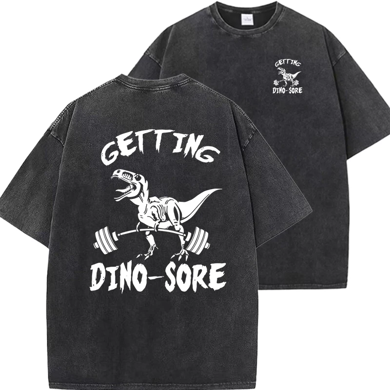 Dinosaur Fitness Dinosaur Weightlifting Men's T Shirt Summer Vintage Washed Cotton Soft Tees Anime Loose Short Tshirt