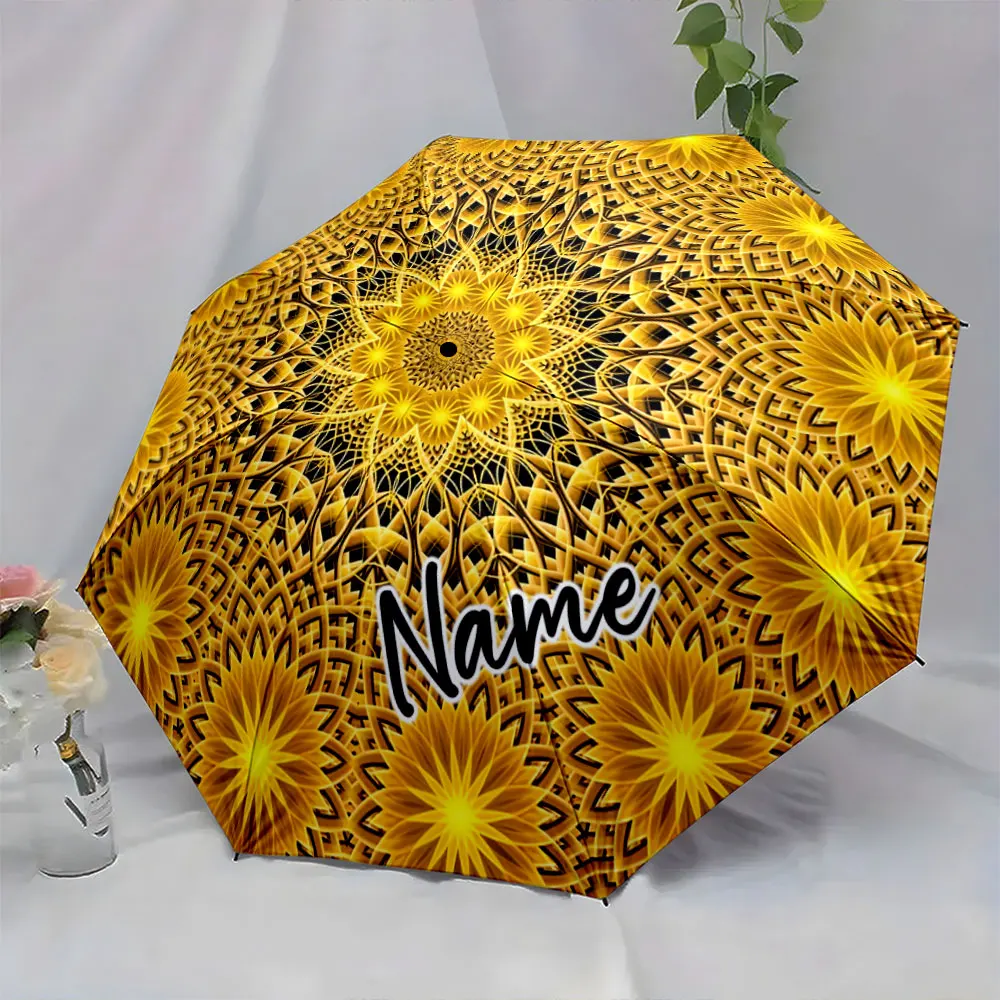 Custom Name Golden Mandala Umbrella Design in Unique Geometric Print 8 Iron Ribs Folding Umbrella, Auto-Open Fashion Sunshade