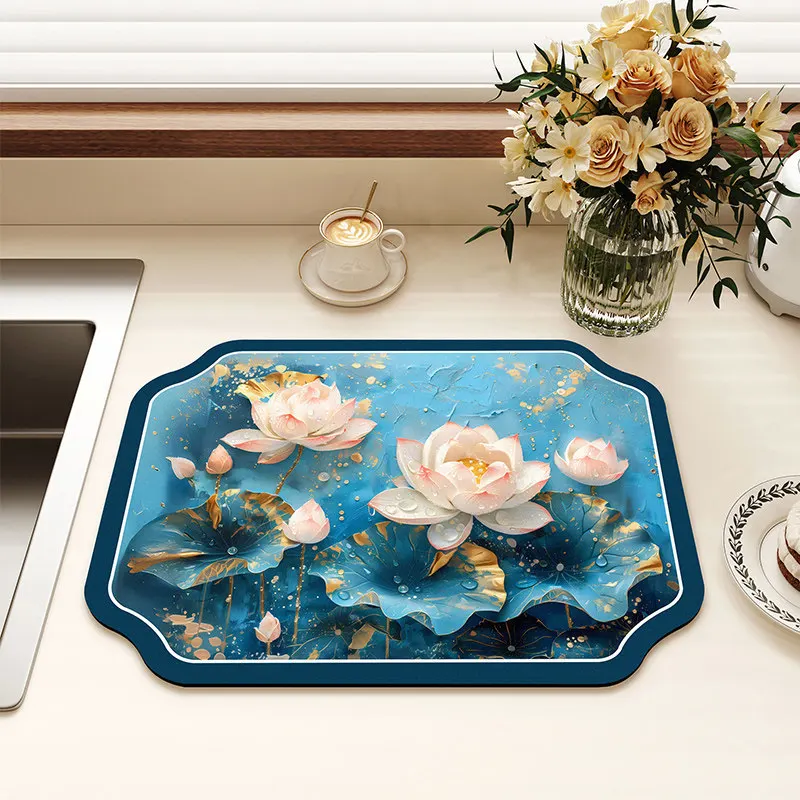 VIKAMA Chinese Landscape Pavilion Mat, Quick Dry & Machine Washable, for Kitchen Counter Sink Vanity Drying Mat, Home Decor