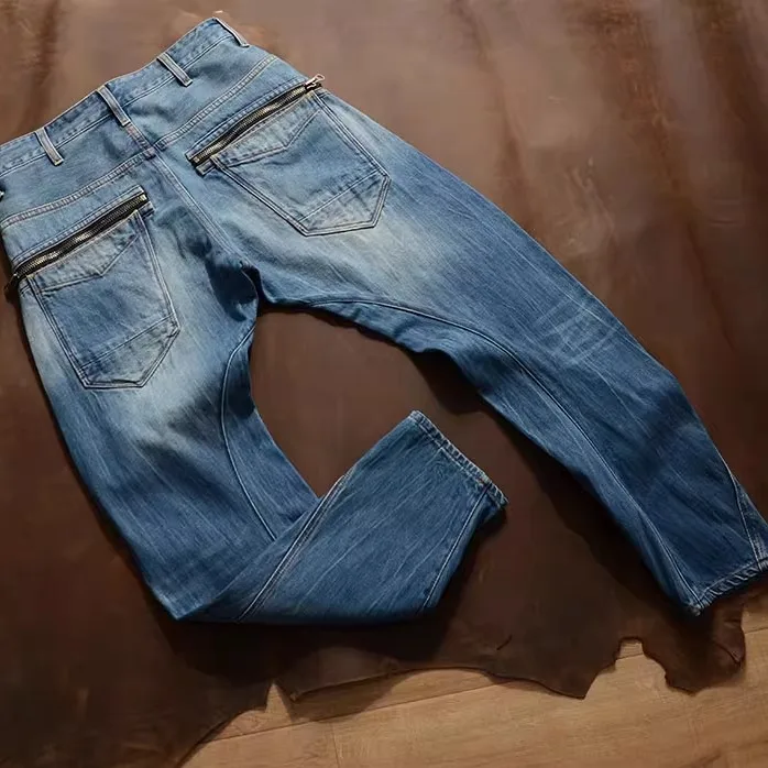 

3D Scimitar Jeans Lightning Wash Slim Fit Three-dimensional Cut Small Foot Scimitar Pants