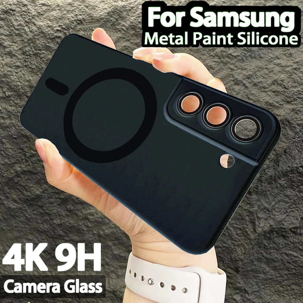 Original Metallic Paint Silicon Cover For Magsafe Phone Case Samsung Galaxy S21 Fe S22 Plus S23 Ultra 4K Glass Camera Protector